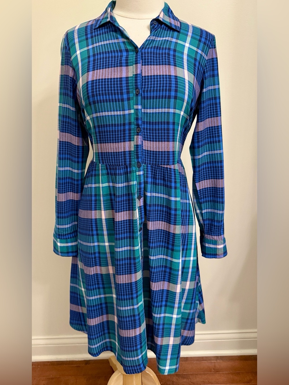 Old Navy Blue Pink Green Madras Plaid S Preppy Academia Cottagecore Shirt Dress